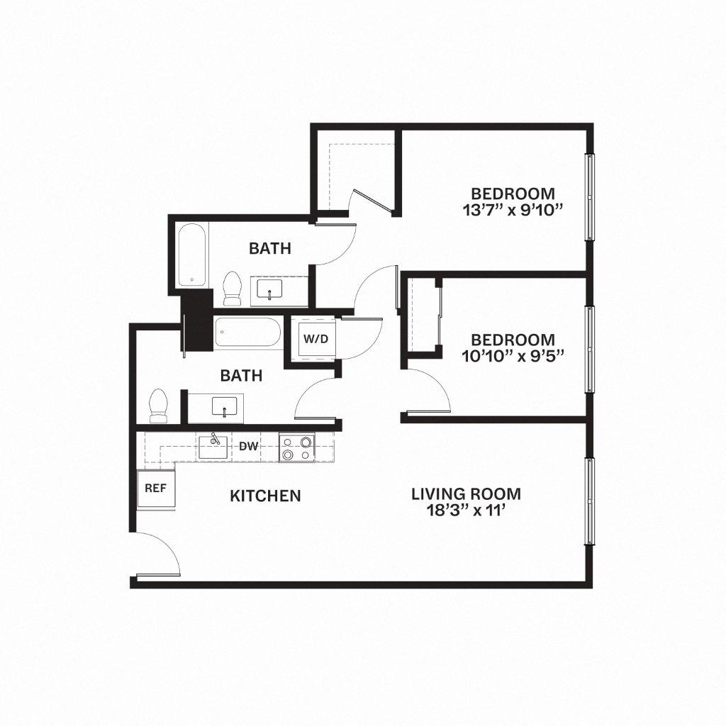 Floor plan for 2 beds, 2 baths, 993 sqft